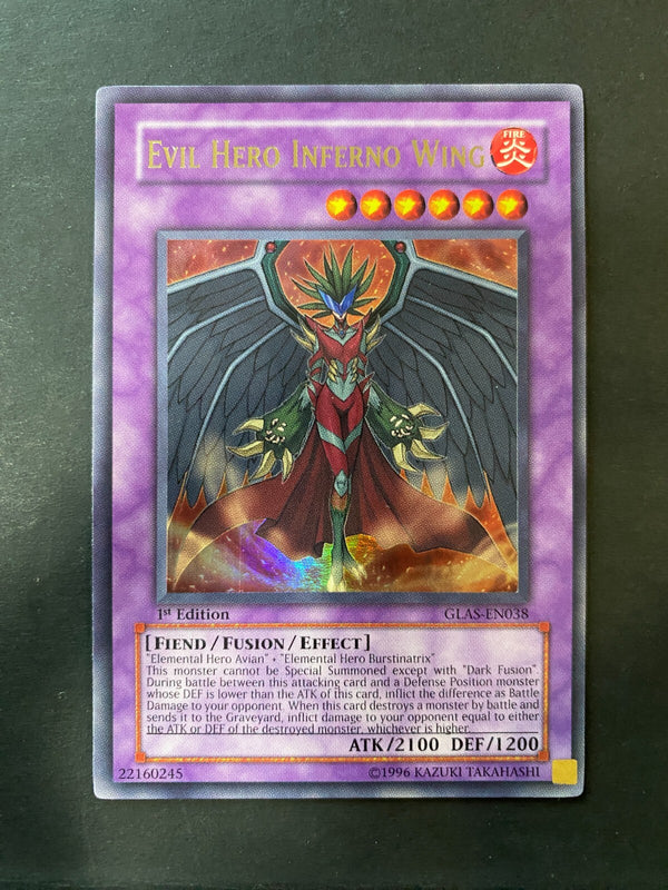 Yugioh Evil Hero Inferno Wing GLAS-EN038 Ultra Rare 1st Edition VLP/NM