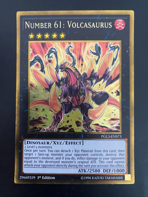 Yugioh Number 61: Volcasaurus PGL3-EN073 Gold Rare 1st Edition VLP/NM