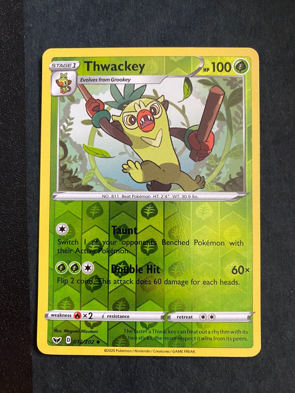 Pokemon Thwackey 012/202 Sword Shield Base Reverse Holo NM