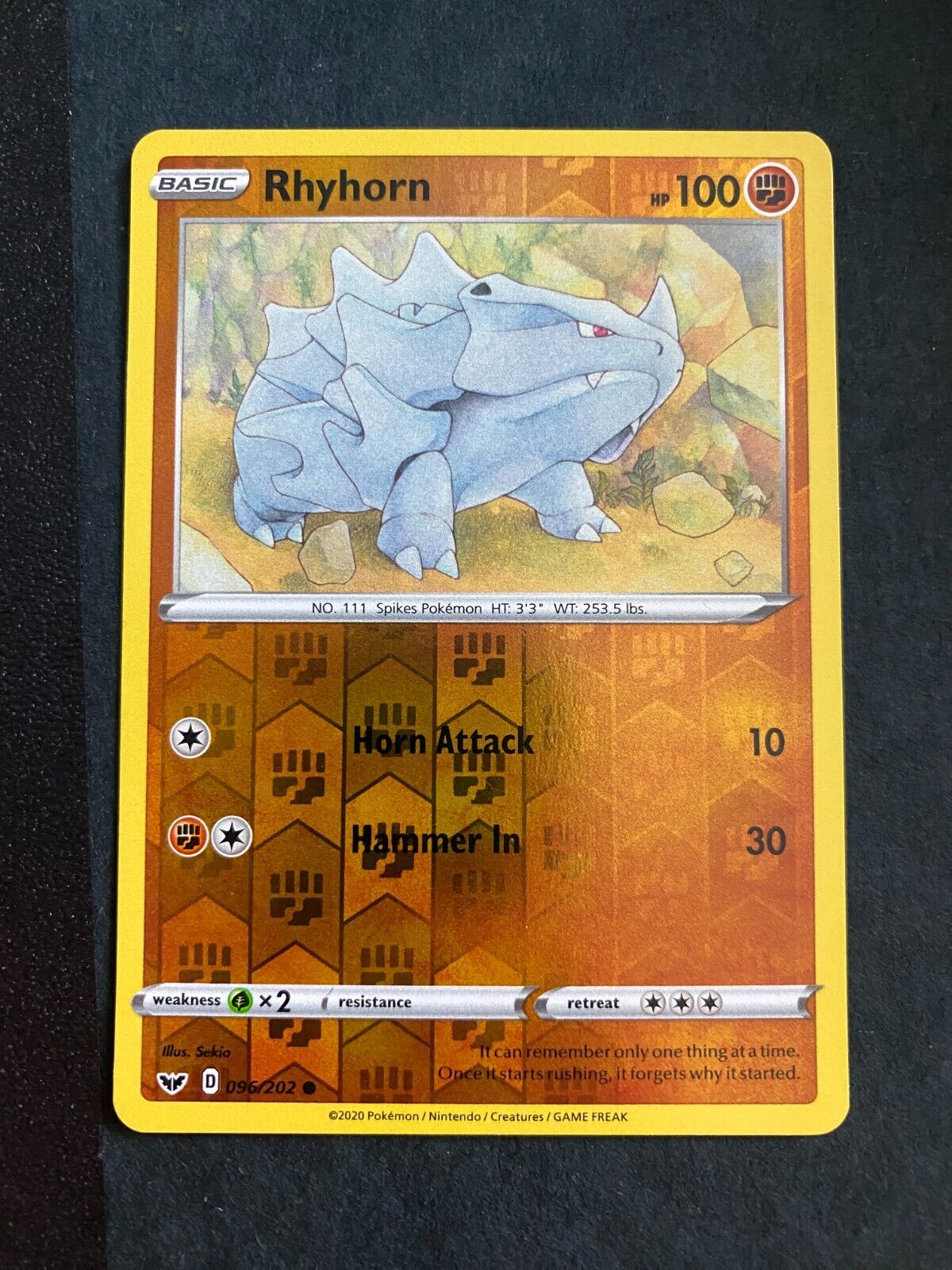 Pokemon Rhyhorn 096/202 Sword Shield Base Reverse Holo NM