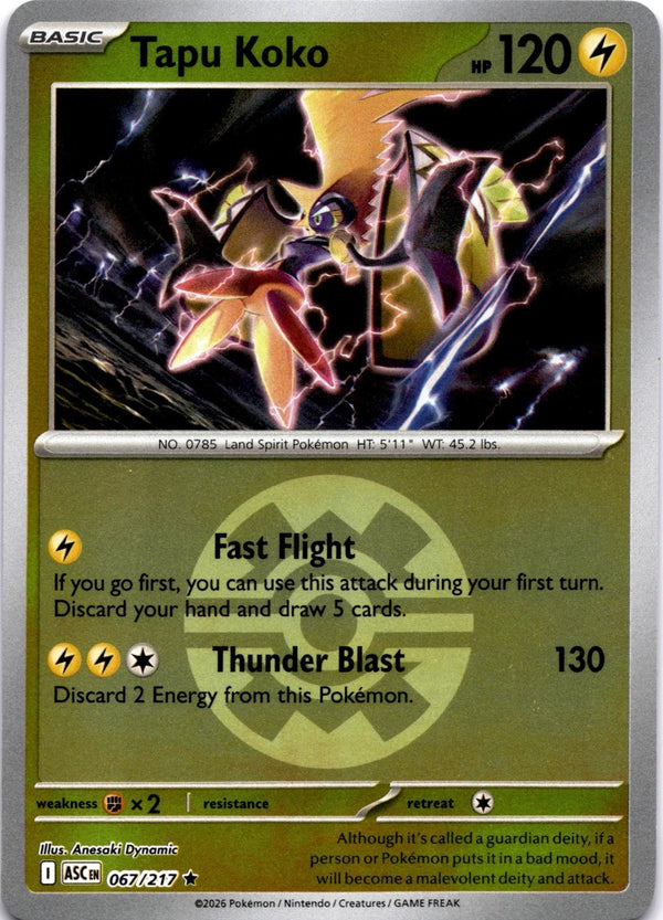 Pokemon Tapu Koko 067/217 Ascended Heroes Quick Ball Reverse Holo NM