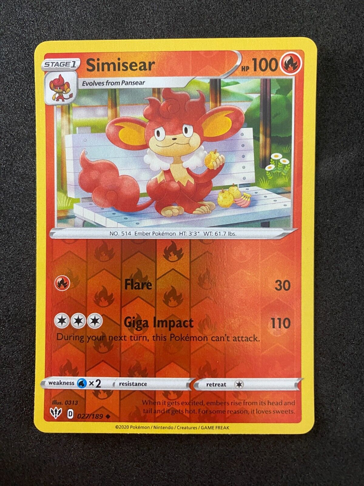 Pokemon Simisear 027/189 Darkness Ablaze Reverse Holo NM-MINT 27/189