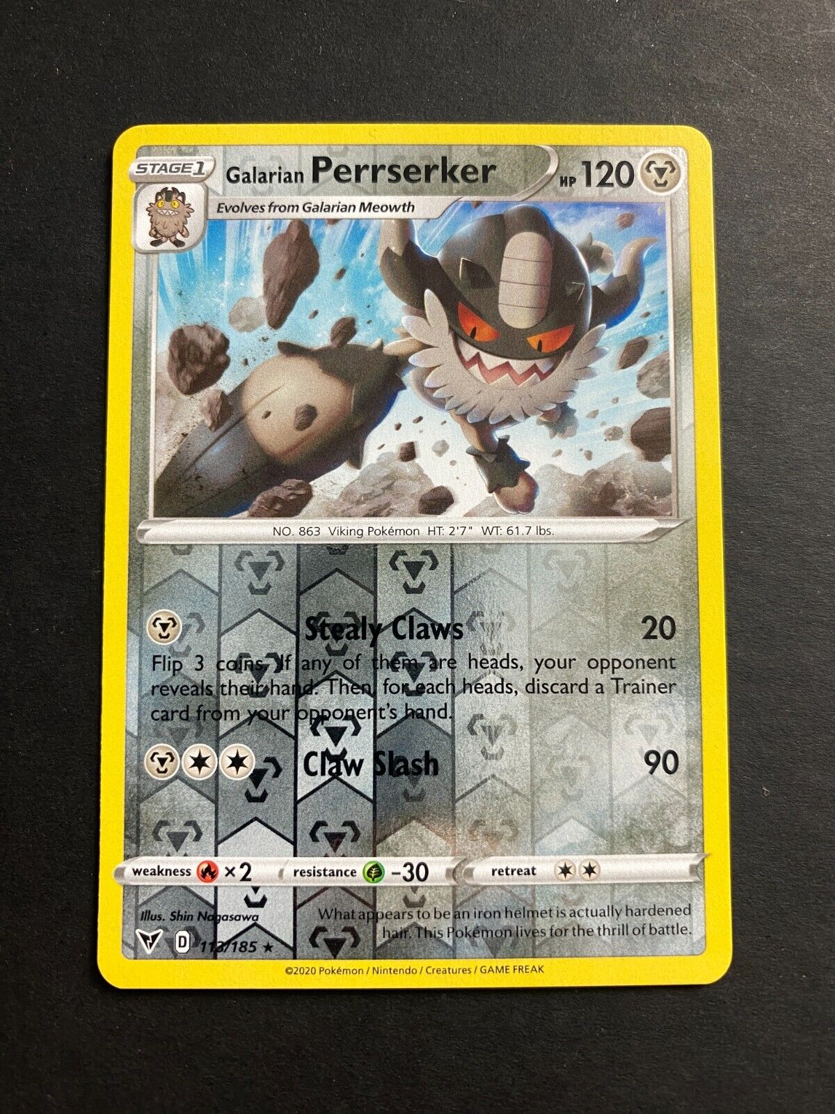 Pokemon Galarian Perrserker 113/185 Vivid Voltage Reverse Holo NM