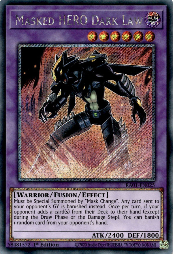 Yugioh Masked HERO Dark Law RA01-EN025 Platinum Secret Rare 1st Edition NM