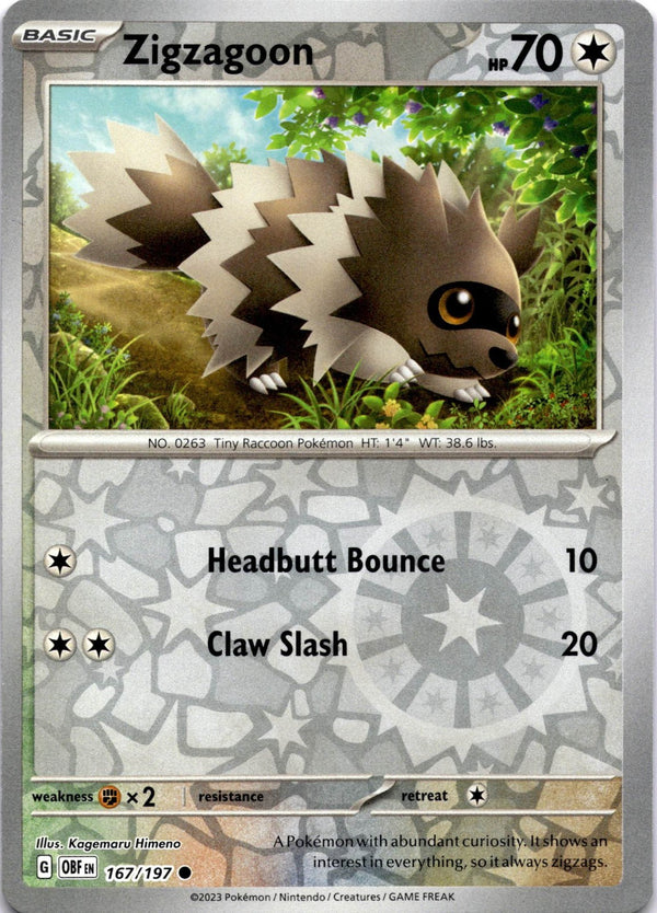Pokemon Zigzagoon 167/197 Obsidian Flames Reverse Holo NM