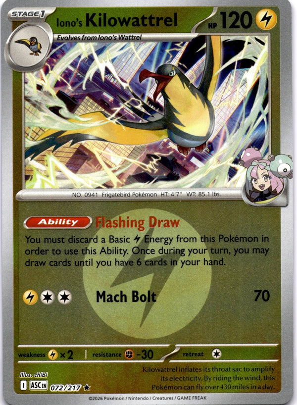 Pokemon Iono's Kilowattrel 072/217 Ascended Heroes Energy Reverse Holo NM