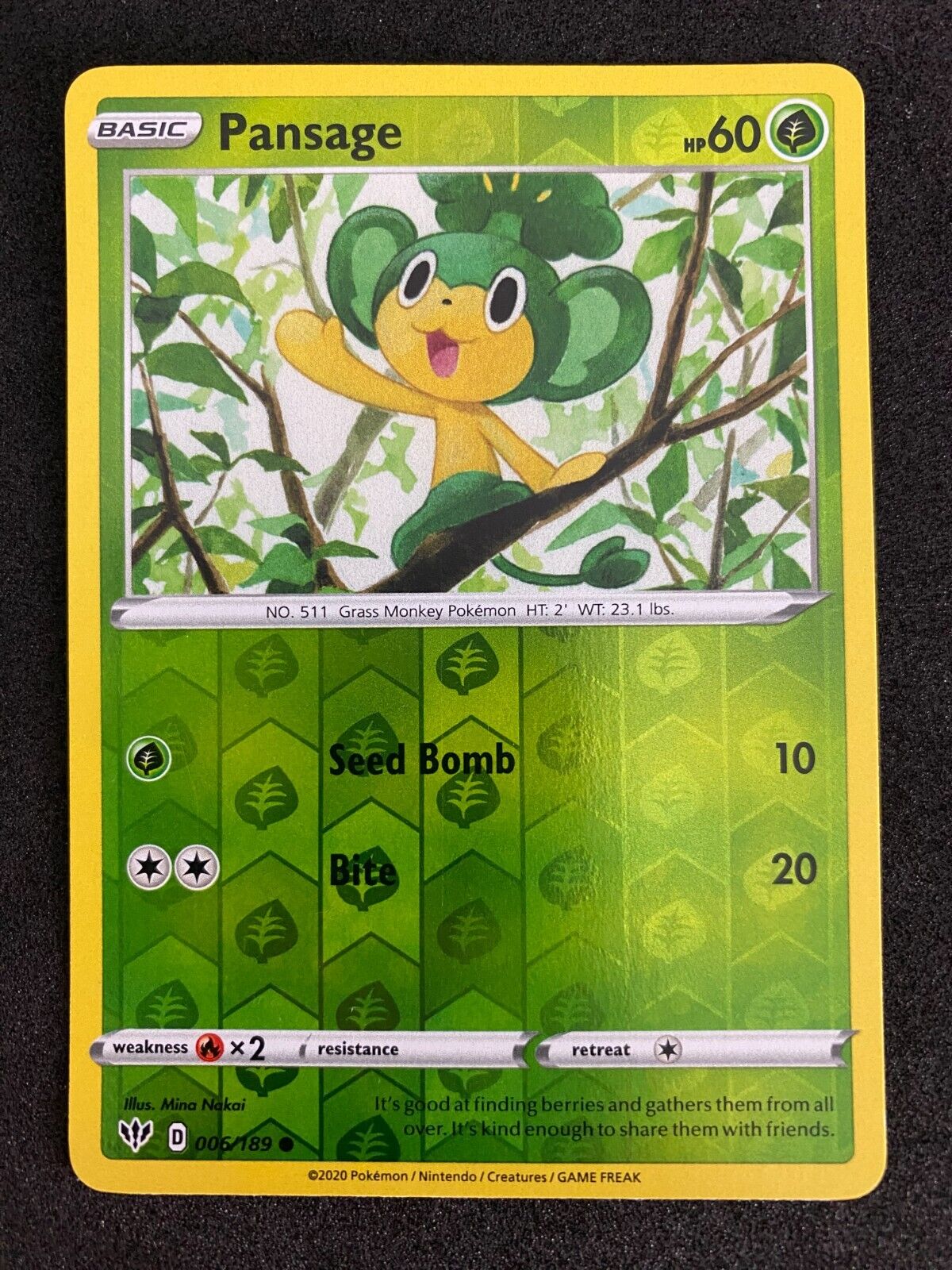 Pokemon Pansage 006/189 Darkness Ablaze Reverse Holo NM-MINT 06/189