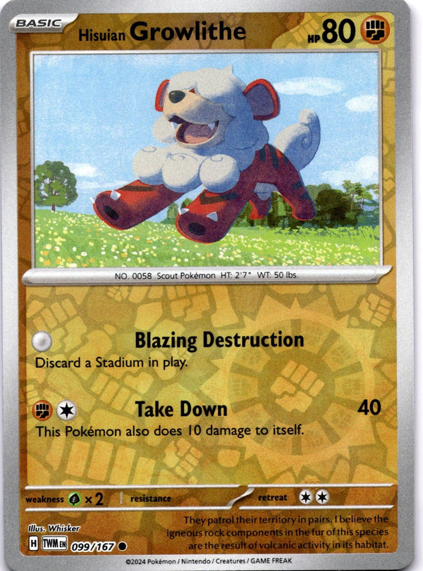 Pokemon Hisuian Growlithe 099/167 Twilight Masquerade Reverse Holo NM