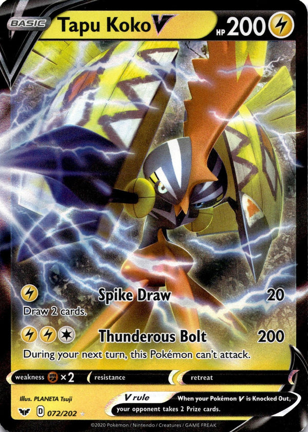 Pokemon Tapu Koko V  072/202 Sword Shield Base Full Art Holo NM