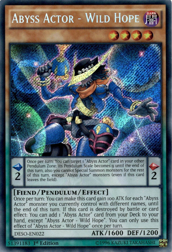 Yugioh Abyss Actor - Wild Hope DESO-EN022 Secret Rare 1st Edition LP