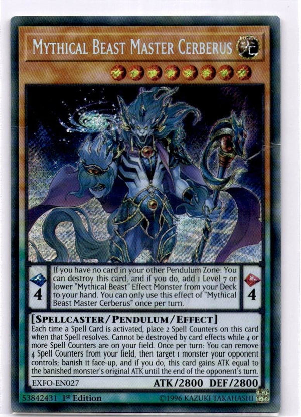 Yugioh Mythical Beast Master Cerberus EXFO-EN027 Secret Very DAMAGED (CREASES)