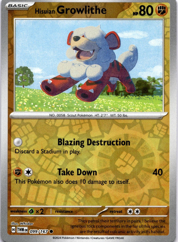 Pokemon Hisuian Growlithe 099/167 Twilight Masquerade Reverse Holo NM