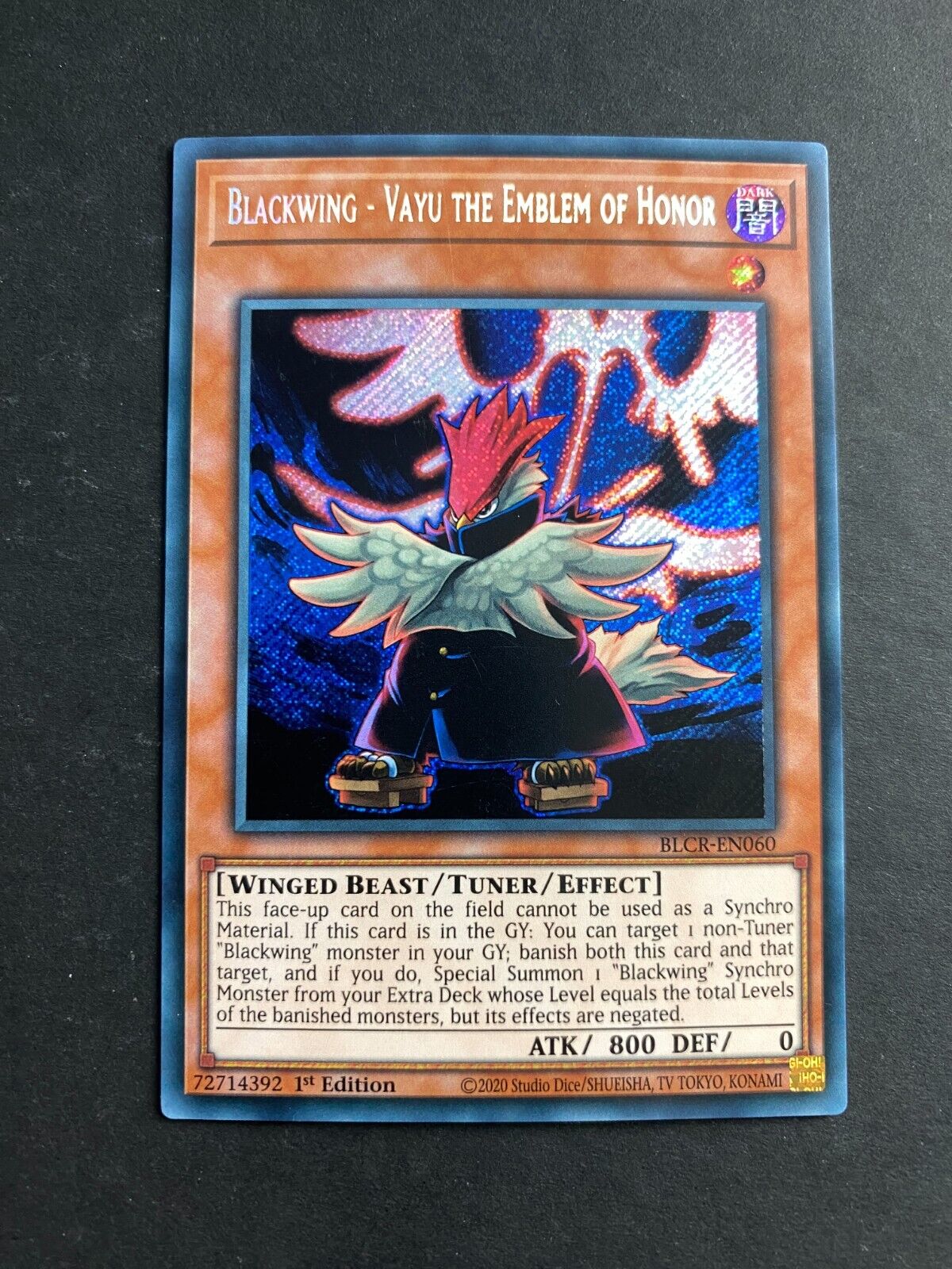 Yugioh Blackwing - Vayu the Emblem of Honor BLCR-EN060 Secret Rare 1st Ed VLP/NM