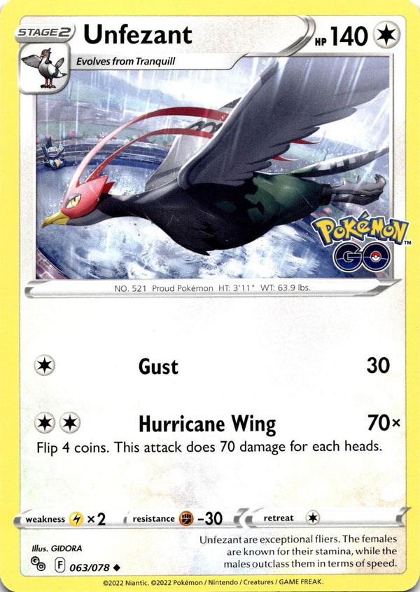 Pokemon Unfezant 063/078 Pokemon Go Non Holo NM