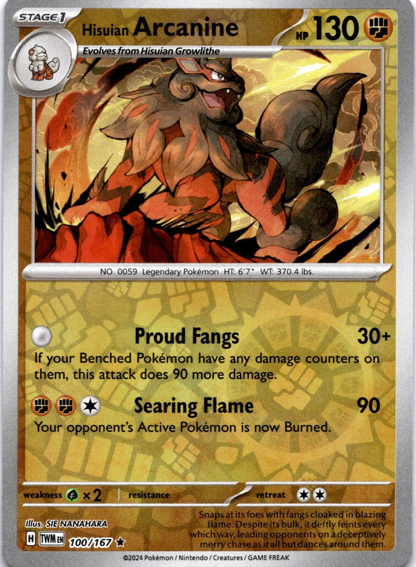 Pokemon Hisuian Arcanine 100/167 Twilight Masquerade Reverse Holo NM