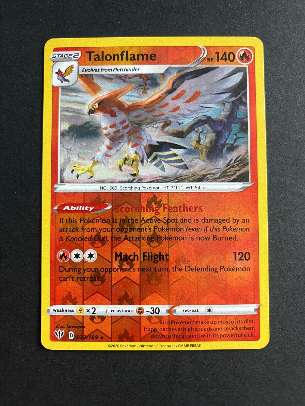 Pokemon Talonflame 032/189 Darkness Ablaze Reverse Holo NM