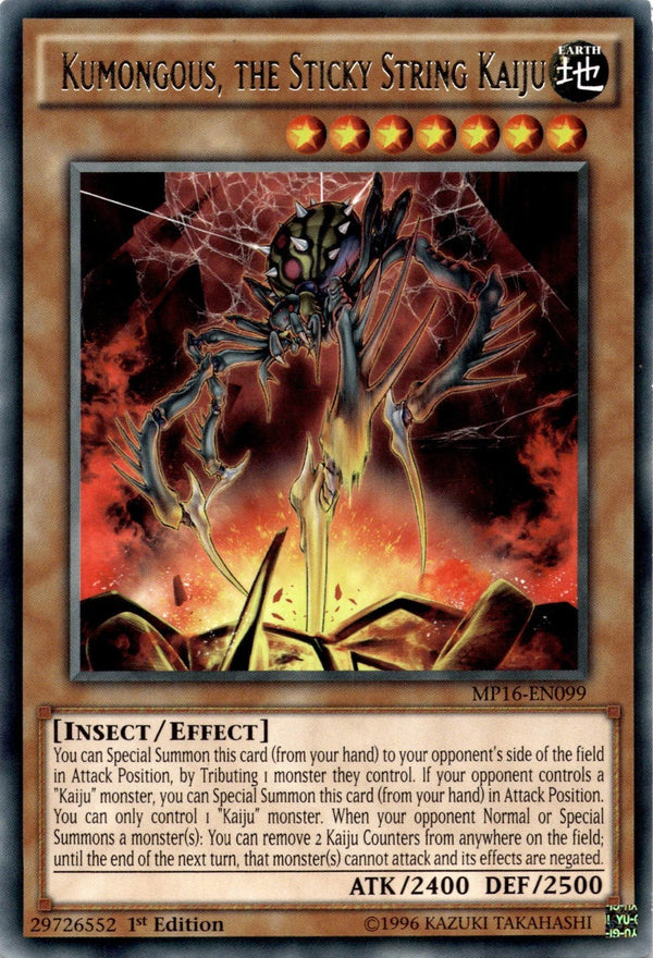 Yugioh Kumongous, The Sticky String Kaiju MP16-EN099 Rare 1st Edition LP