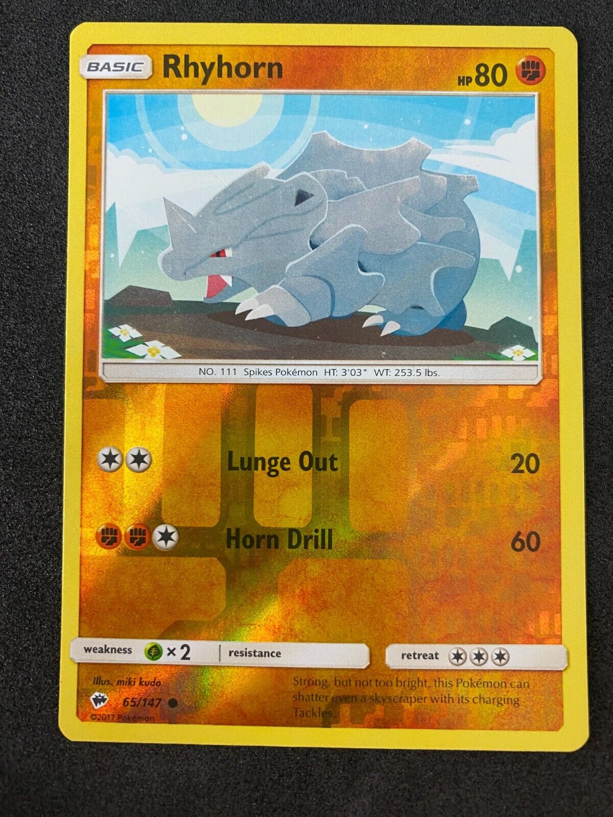 Pokemon Rhyhorn 65/147 Burning Shadows Reverse Holo NM