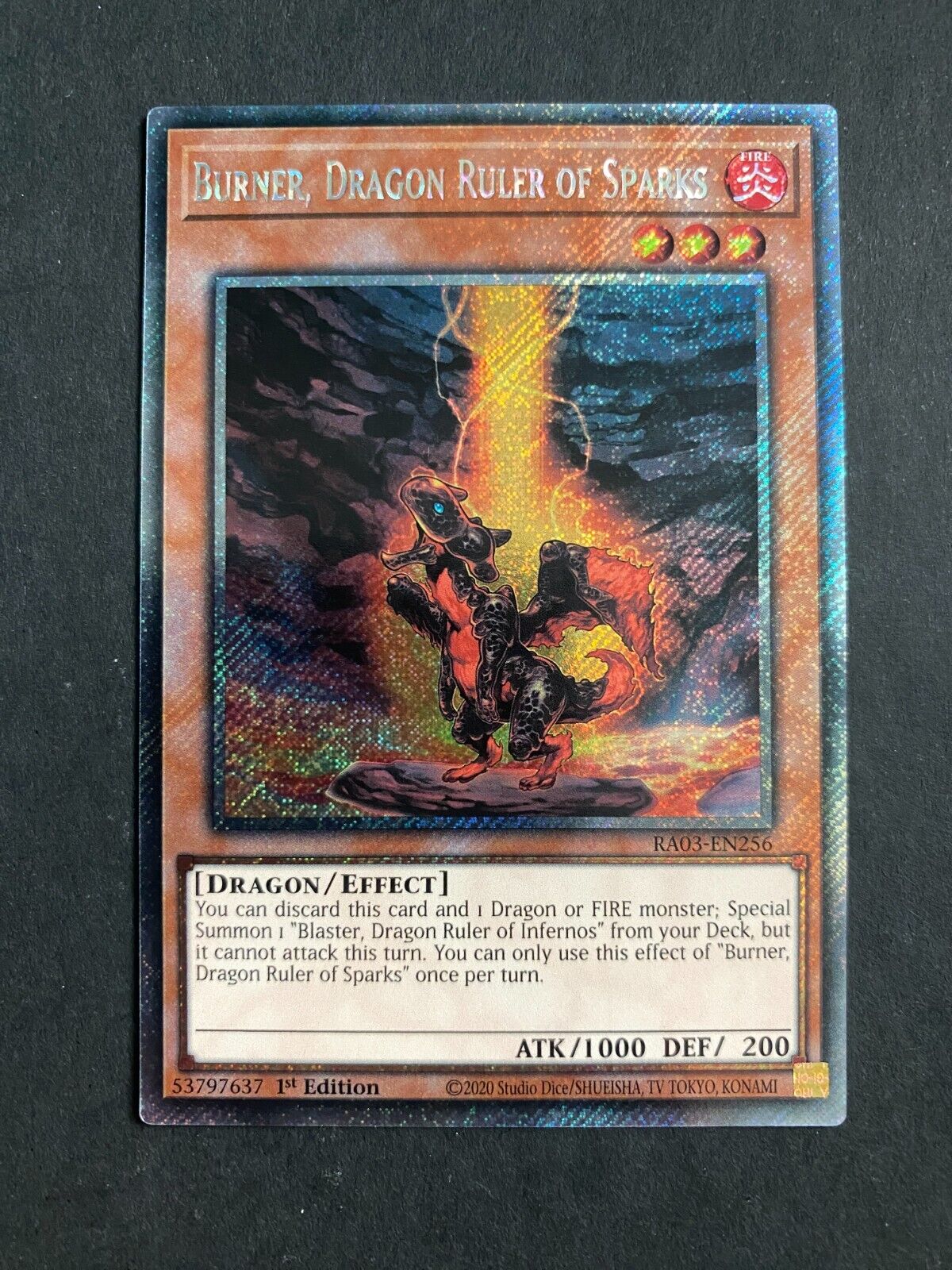 Yugioh Burner, Dragon Ruler of Sparks RA03-EN256 Platinum Secret Rare 1st Ed NM