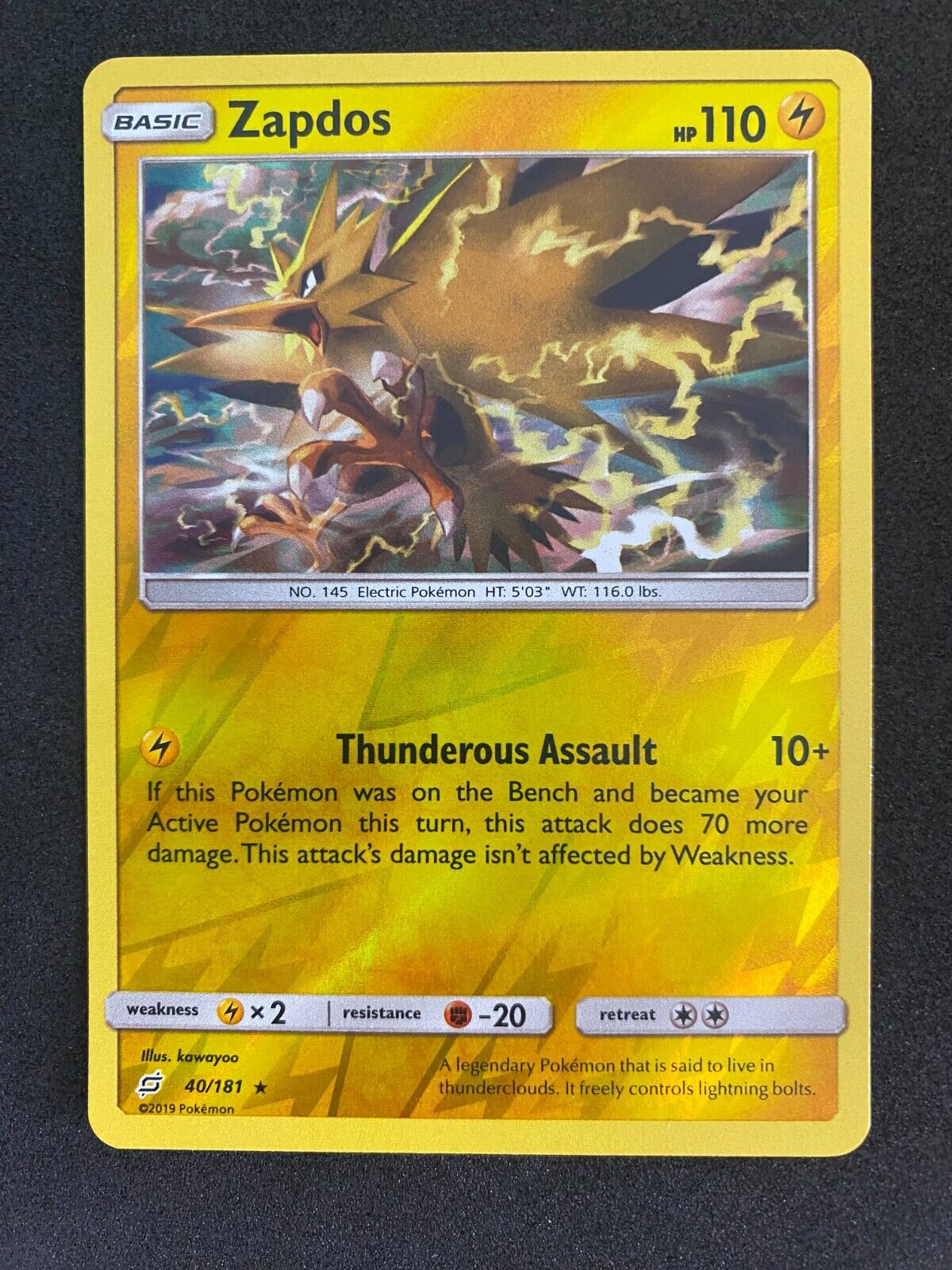 Pokemon Zapdos 40/181 Team Up Reverse Holo NM